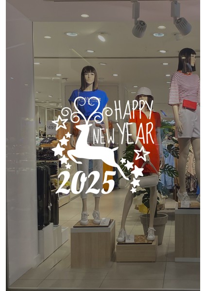 Geyik ve Happy New Year 2025 Yılbaşı Süslemeleri Yeni Yıl Vitrin Cam Sticker