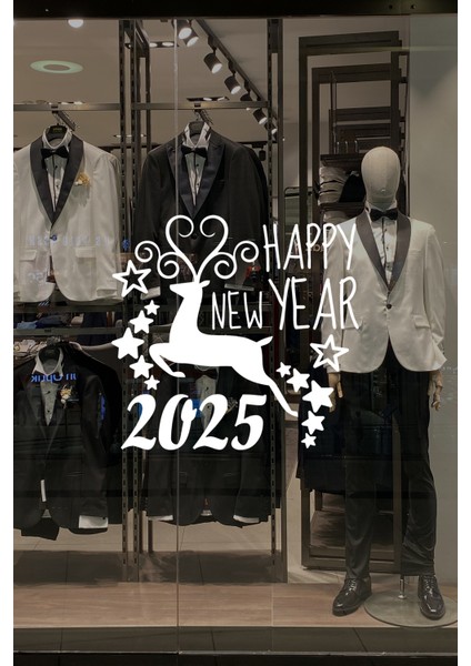 Geyik ve Happy New Year 2025 Yılbaşı Süslemeleri Yeni Yıl Vitrin Cam Sticker