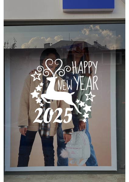 Geyik ve Happy New Year 2025 Yılbaşı Süslemeleri Yeni Yıl Vitrin Cam Sticker