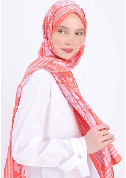 Turuncu-Pembe-Desenli Twill Şal