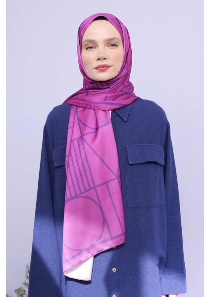 Fuşya-Mor-Desenli Twill Şal