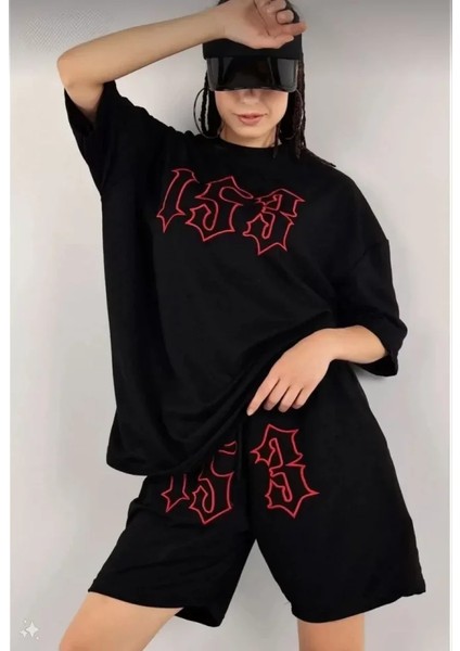 Ela Mod Unisex Nakış Işlemeli Şort Takım - Siyah