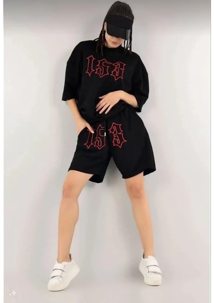 Ela Mod Unisex Nakış Işlemeli Şort Takım - Siyah