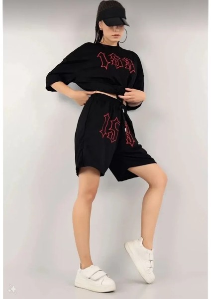 Ela Mod Unisex Nakış Işlemeli Şort Takım - Siyah