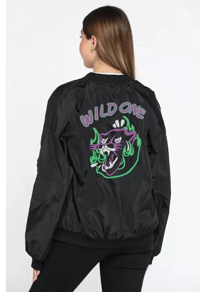 Ela Mod Unisex Uzun Kol Baskılı Bomber Ceket - Siyah