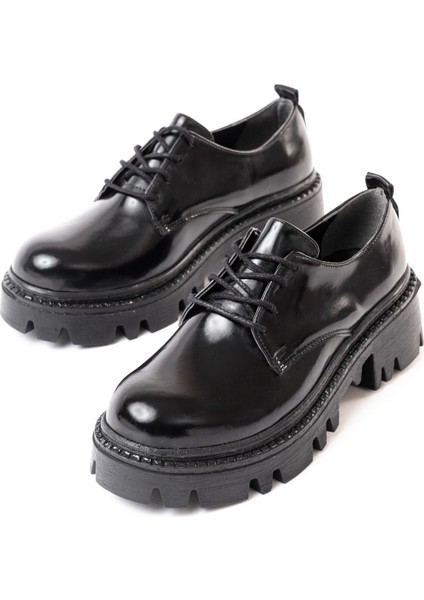868-754 Siyah Rugan Bağcıklı Günlük Yüksek Tabanlı Loafer Ayakkabı modelleri