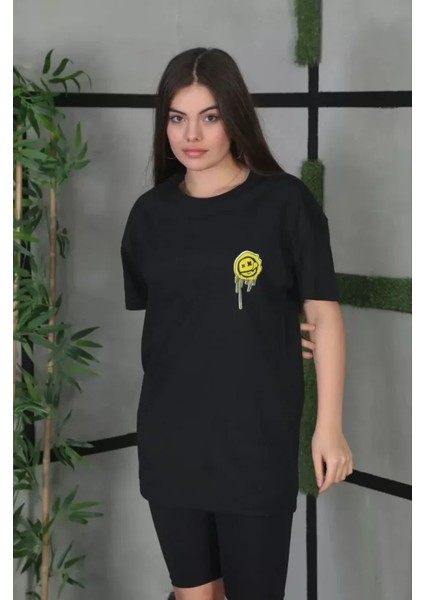 Unisex Bisiklet Yaka Baskılı Oversize T-Shirt - Siyah modelleri
