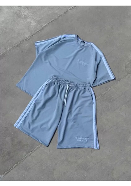 Ela Mod Unisex Şeritli Baskılı Şortlu Takım - Boyalı Gri