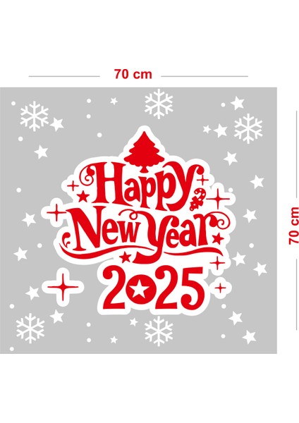 Happy New Year 2025 Yazısı Kar Taneleri ve Yılbaşı Vitrin Stickerları 70X70CM