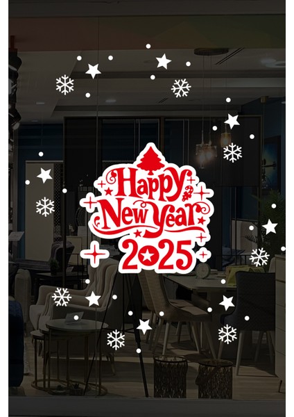 Happy New Year 2025 Yazısı Kar Taneleri ve Yılbaşı Vitrin Stickerları 70X70CM