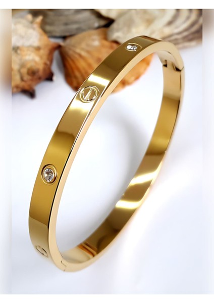 Kartier Kelepçe Taşlı Bileklik Gold Paslanmaz Çelik