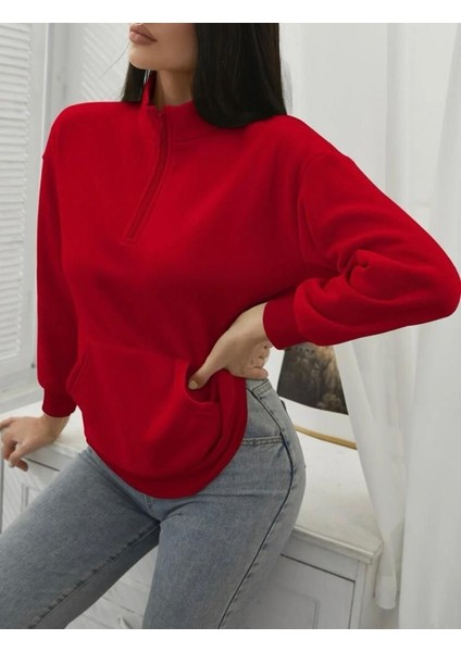 Içi Polarlı Fermuar Detay Sweatshirt - Kırmızı