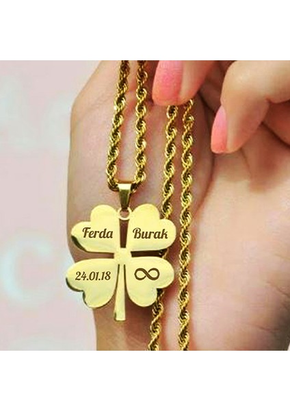 Kişiye Özel Isimli Paslanmaz Çelik Kolye 4 Yapraklı Yonca Kolye