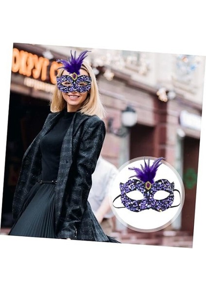 Siyah Kadife Payetli Pullu Mor Tüylü Parti Maskesi fiyatları