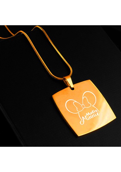 Kişiye Özel Isimli Kararmaz Çelik Kolye Kare Kolye Mickey Mouse Baskılı