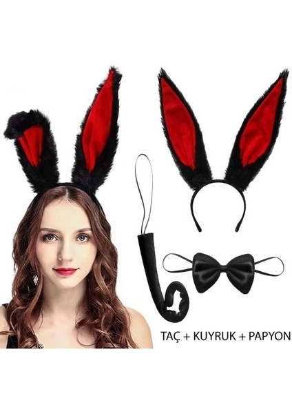 Siyah Kırmızı Peluş Tavşan Kulak Seti Yetişkin Boy