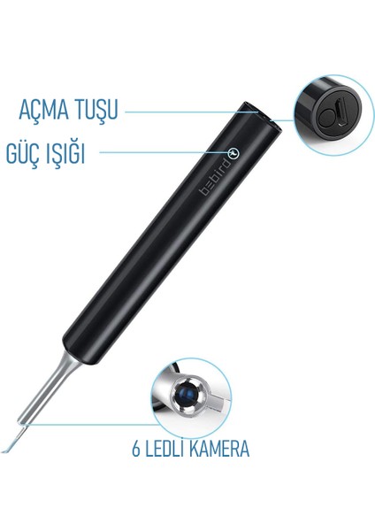 T5 5 Mp Kamera 3.5mm Lens Şarjlı Wifi Görüntülü Kulak Temizleyici Siyah Renk Endoskopik Kulak Temizleyici