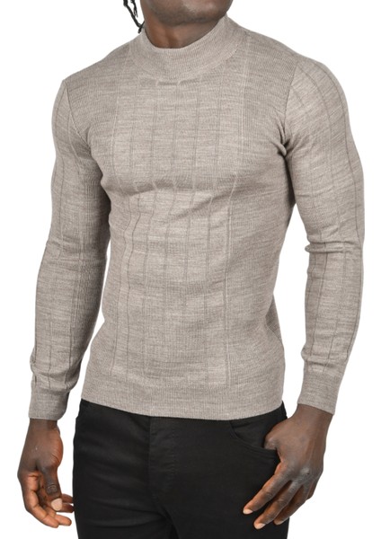 Yarım Balıkçı Yaka Çizgili Tüylenmeyen Slim Fit Triko Kazak 2505491