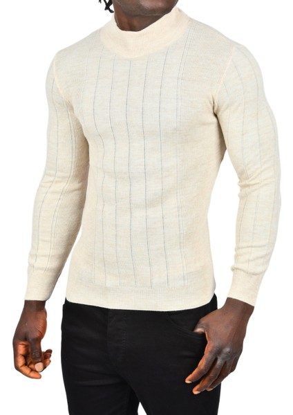 Yarım Balıkçı Yaka Çizgili Tüylenmeyen Slim Fit Triko Kazak 2505491