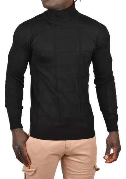 Kare Desenli Balıkçı Yaka Slim Fit Boğazlı Triko Kazak 2505493