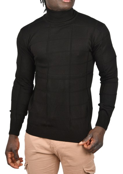 Kare Desenli Balıkçı Yaka Slim Fit Boğazlı Triko Kazak 2505493