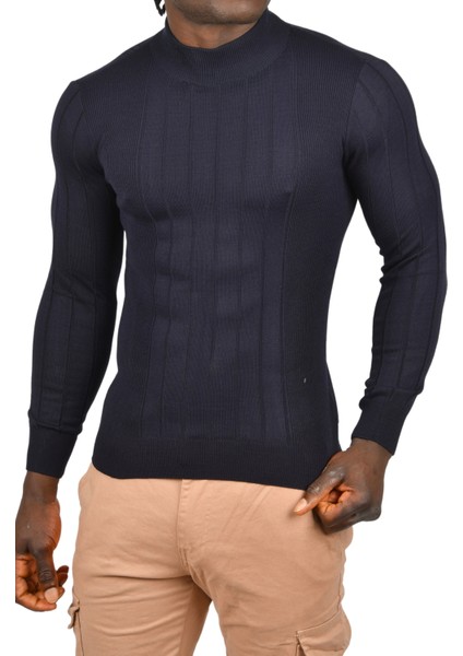 Yarım Balıkçı Yaka Çizgili Tüylenmeyen Slim Fit Triko Kazak 2505491