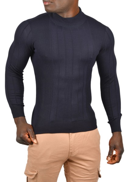 Yarım Balıkçı Yaka Çizgili Tüylenmeyen Slim Fit Triko Kazak 2505491