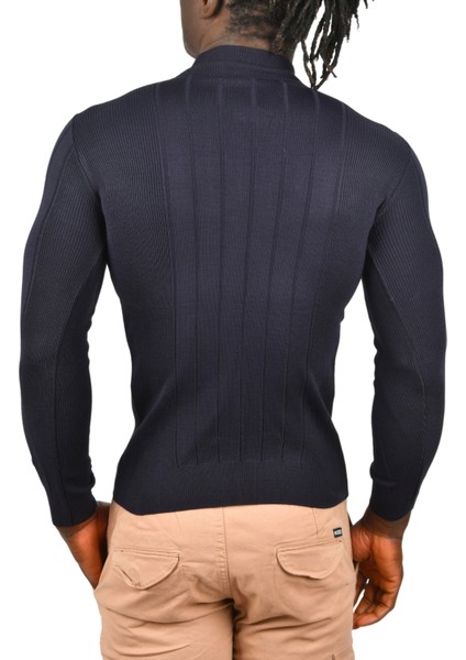Yarım Balıkçı Yaka Çizgili Tüylenmeyen Slim Fit Triko Kazak 2505491