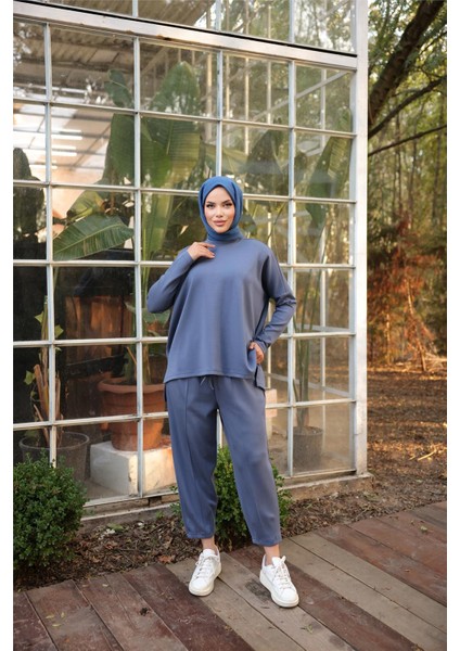 Arkası Uzun O Yaka Kısa Sweat-Pantolon İkili Eşofman Spor Takımı - (38-46) - 71216 - İndigo