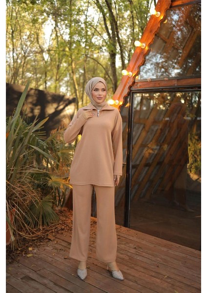 Fermuar Yaka Sade Sweat Ikili Takım - 71221.026 - Bej