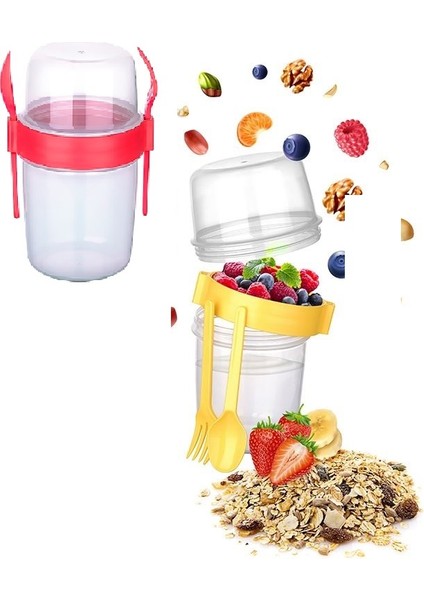 Çift Hazneli - Çatal Kaşıklı Portatif Müsli -Atıştırmalık Kabı 800 ml