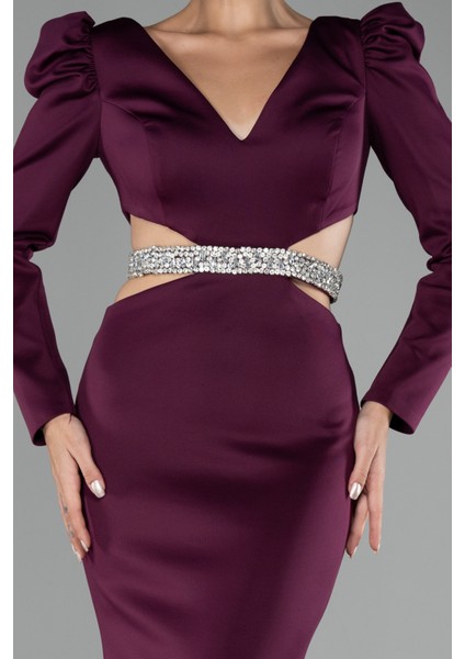 Uzun Kol V Yaka Cut Out Balık Abiye Elbise ABU4297
