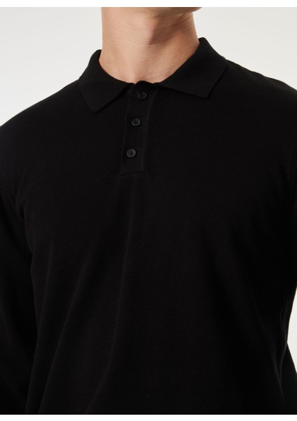 Polo Yaka Basic Düz Siyah Erkek Kazak MML4WM-KZK9510