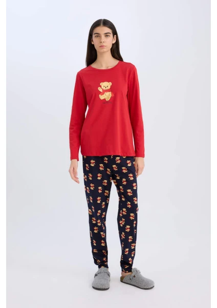 Fall in Love Pijama Takımı Uzun Kollu Ayıcık Baskılı Üst Esnek Belli Desenli Pijama Alt E0227AX24WN