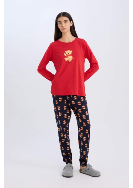 Fall in Love Pijama Takımı Uzun Kollu Ayıcık Baskılı Üst Esnek Belli Desenli Pijama Alt E0227AX24WN