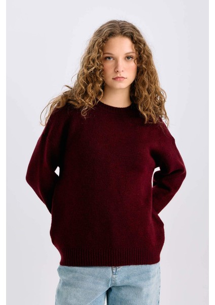 Oversize Geniş Kalıp Bisiklet Yaka Basic Düz Triko Kazak D9518AX24WN