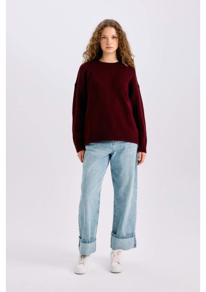 Oversize Geniş Kalıp Bisiklet Yaka Basic Düz Triko Kazak D9518AX24WN