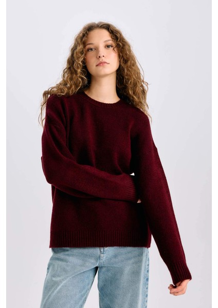 Oversize Geniş Kalıp Bisiklet Yaka Basic Düz Triko Kazak D9518AX24WN