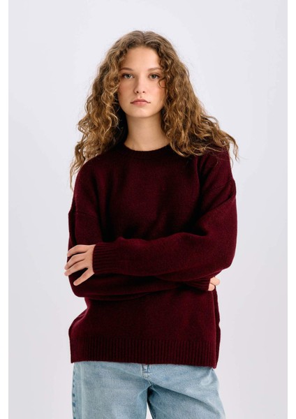 Oversize Geniş Kalıp Bisiklet Yaka Basic Düz Triko Kazak D9518AX24WN