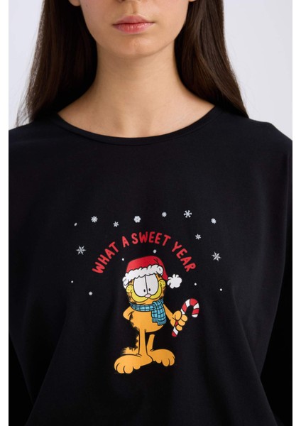 Fall in Love Garfield Yılbaşı Temalı Pijama Takımı Uzun Kollu Üst Esnek Belli Alt D2299AX24WN