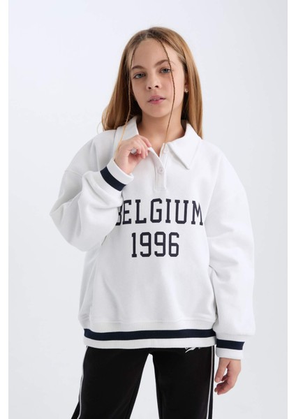 Kız Çocuk Oversize Geniş Kalıp Polo Yaka Baskılı İçi Yumuşak Tüylü Sweatshirt D3497A824WN fırsatları