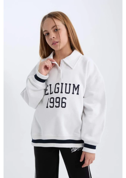 Kız Çocuk Oversize Geniş Kalıp Polo Yaka Baskılı İçi Yumuşak Tüylü Sweatshirt D3497A824WN