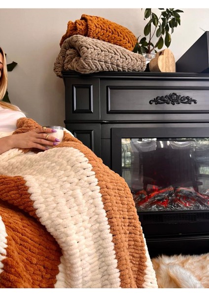 El örgüsü sıcak battaniye, 100x170 cm, beyaz ve tarçın, yün, düz tasarım