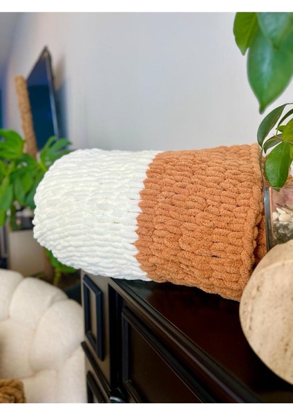 El örgüsü sıcak battaniye, 100x170 cm, beyaz ve tarçın, yün, düz tasarım fırsatları