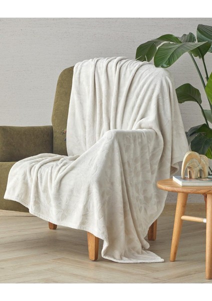 Yumuşak Jakarlı Krem Battaniye 120x160 cm, Polyester, Ekru Renk, Tek Ebat