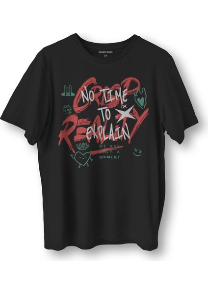Typography Design Crispy Reality Y2K Grunge Street Grafitti Baskılı Siyah T-Shirt