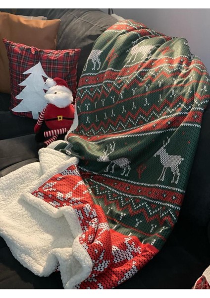 Yılbaşı Temalı Yeşil Sherpa Battaniye 150x180 cm Sıcak ve Yumuşak Konfor