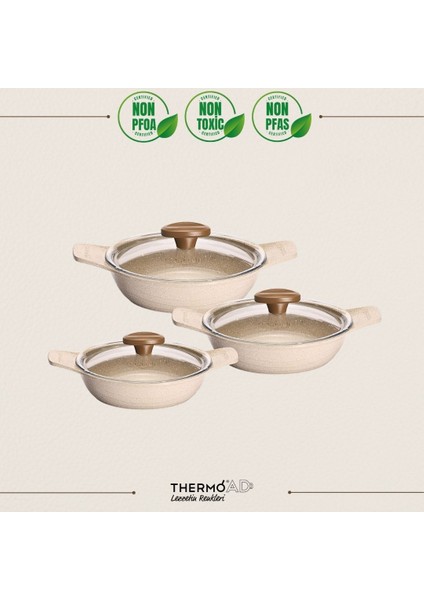 Döküm Saplı Güveç Sahan Set | 6 Parça | Vizon |18cm-20cm-22cm