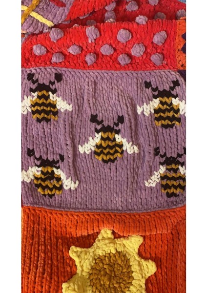 El Örgüsü Kadife Patchwork Tasarım Koltuk Şalı