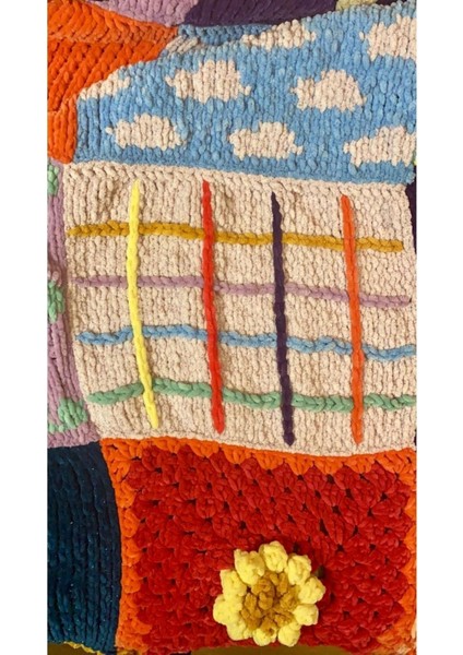 El Örgüsü Kadife Patchwork Tasarım Koltuk Şalı